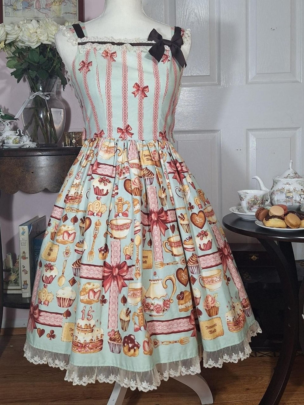 💙 Innocent World Sax Patisserie Stripe Dessert Print JSK 🍰🫖✨